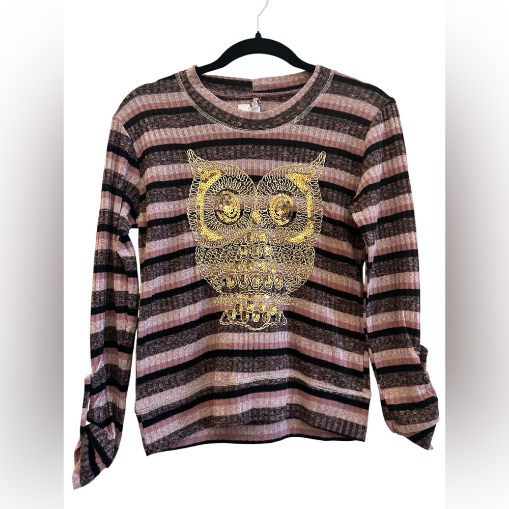 Striped Pink & Black Owl Sequin Pullover - Women's Blouse size medium